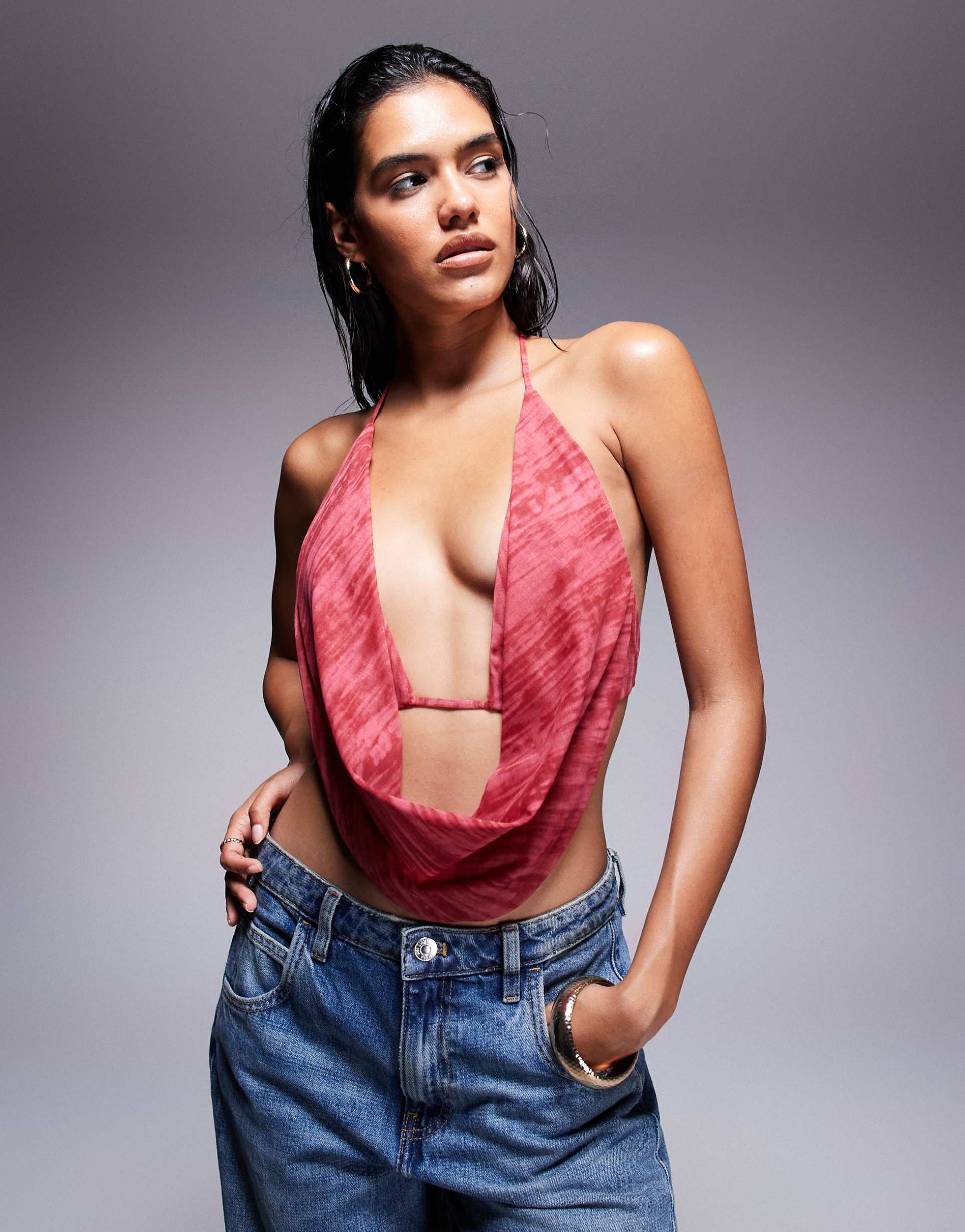 oh polly fayola cowl neck top in red print