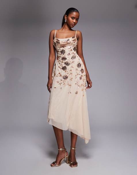 Oh Polly floral embellished asymmetric midaxi dress in gold