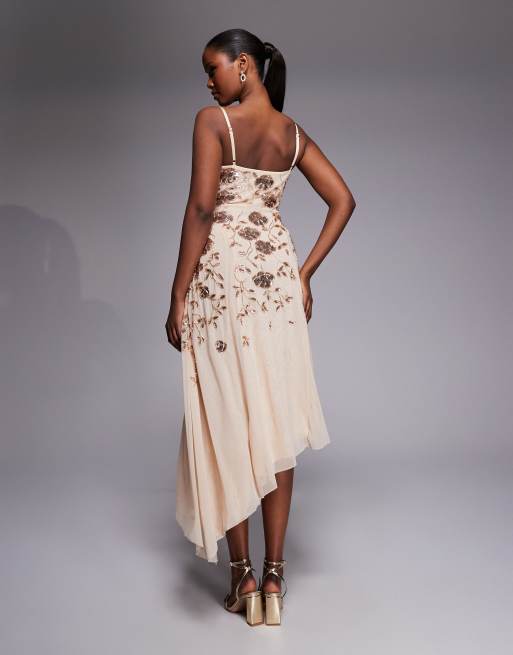 Oh Polly floral embellished asymmetric midaxi dress in gold, 3 of 4