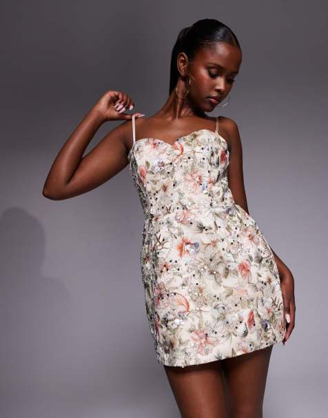 Oh Polly floral embroidered mini dress in beige