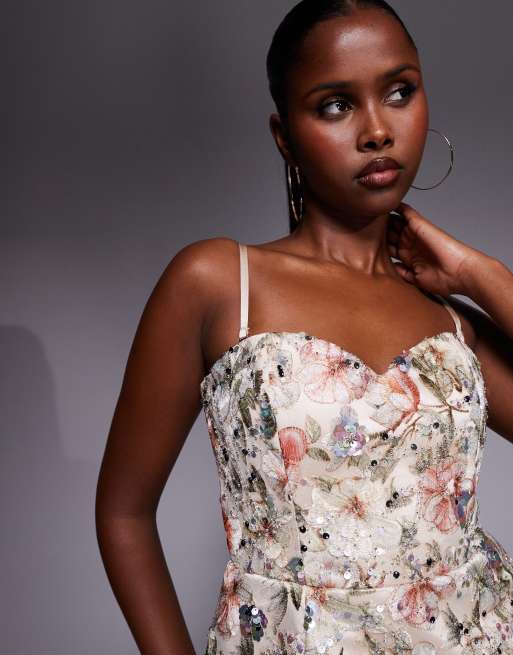 Oh Polly floral embroidered mini dress in beige, 3 of 4