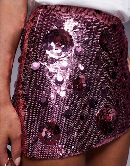 Oh Polly flower sequin A-line mini skirt in pink, 4 of 5