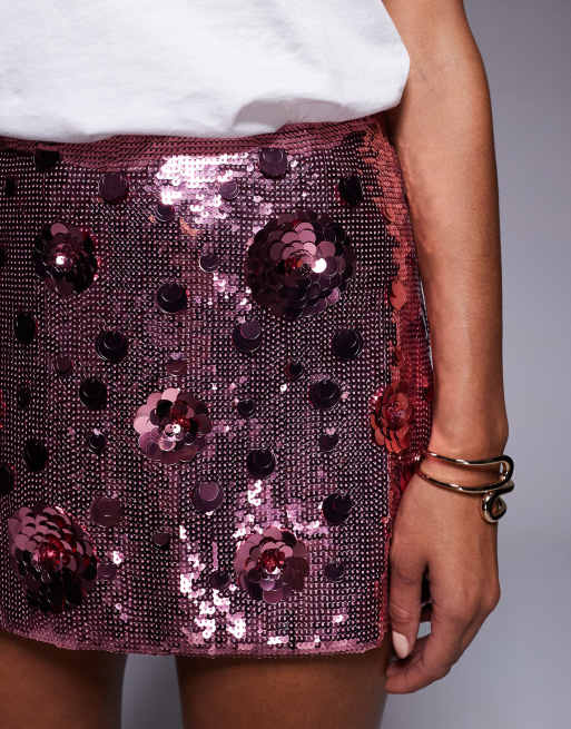 Oh Polly flower sequin A-line mini skirt in pink, 5 of 5