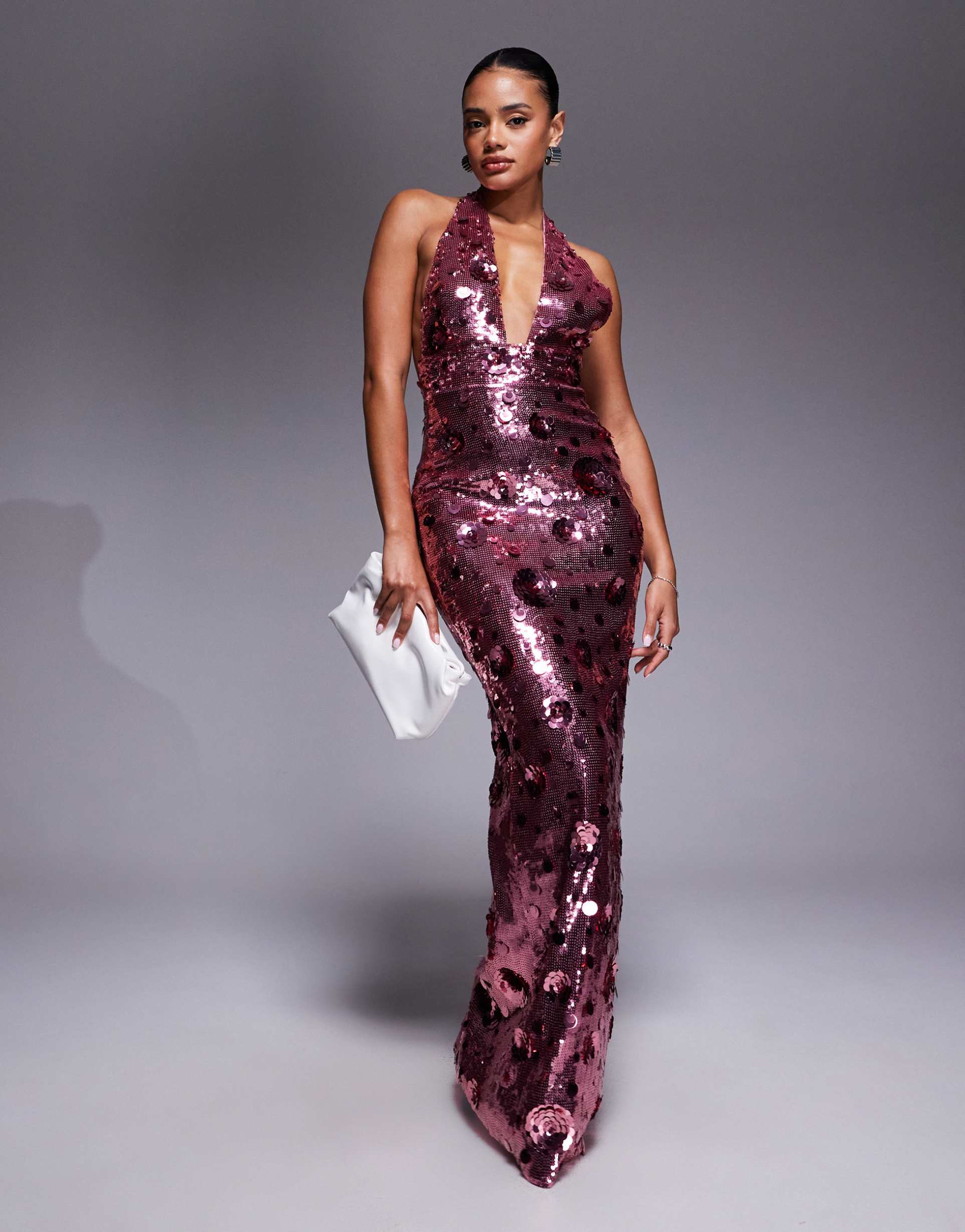 oh polly flower sequin maxi dress in pink