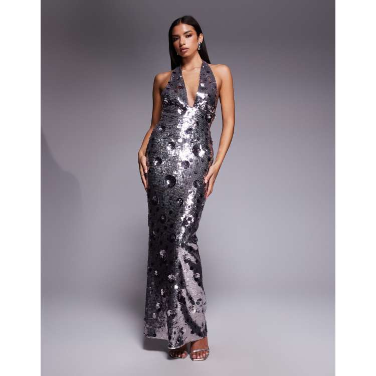 oh polly silver glitter dress Other Oh Polly Livia Sheer Sequin Plunge Halter Neck A-Line Mini D