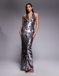 [Oh Polly] Oh Polly flower sequin maxi dress in silver 12 Silver