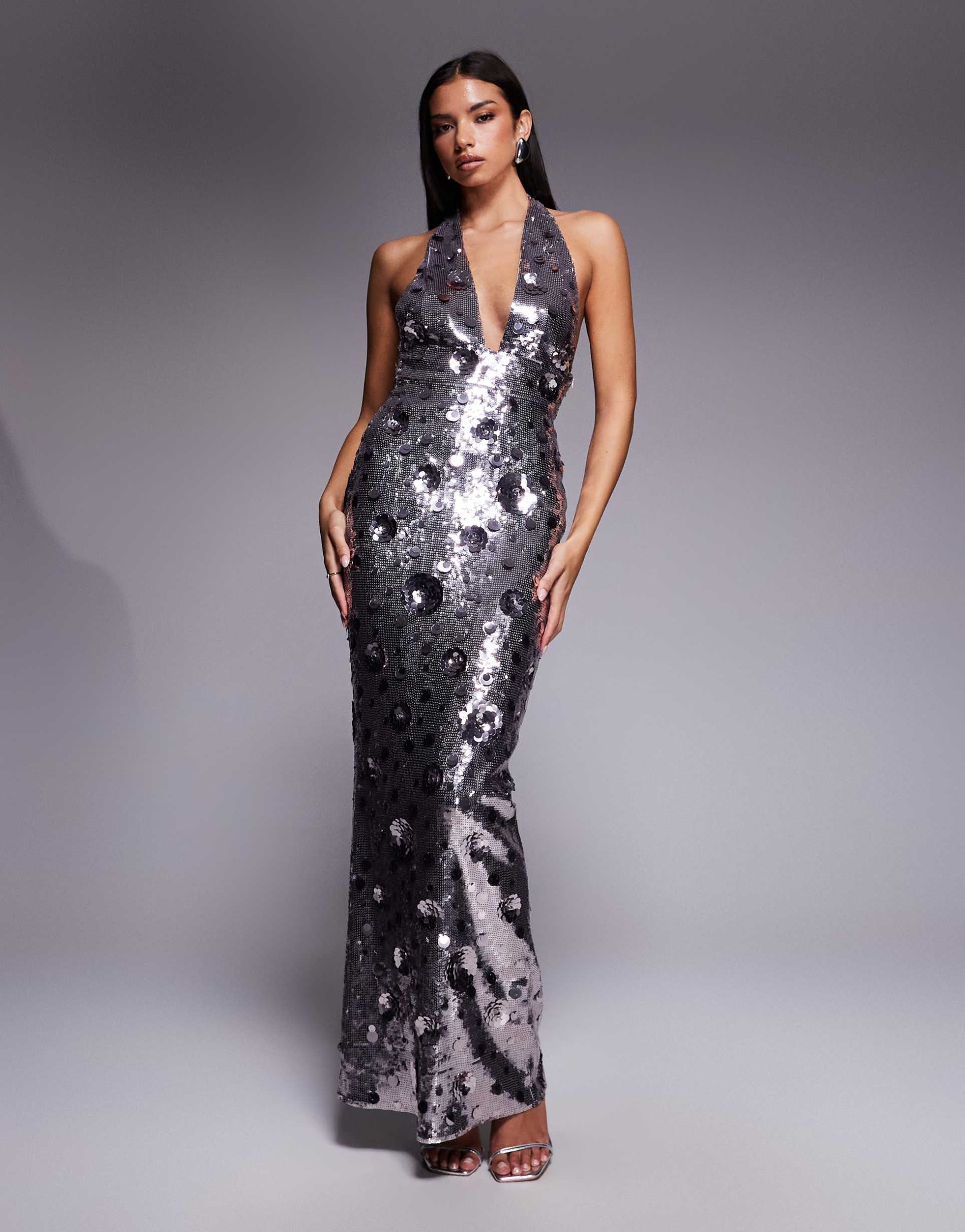 oh polly flower sequin maxi dress in silver
