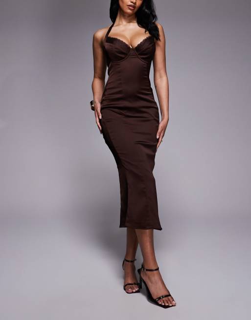 open lace back dress Annissa Plunge Halter Maxi Dress | Dark Brown | Womens main image 0