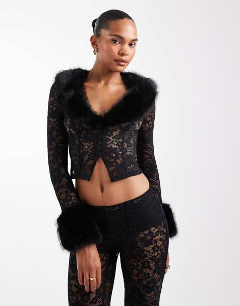 Oh Polly - Gilet d'ensemble en dentelle stretch avec finitions en fourrure - Noir - view 1