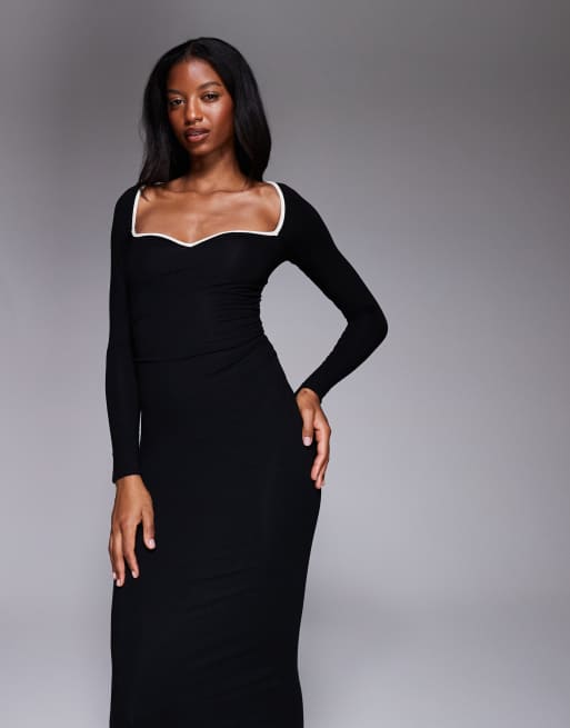Oh Polly Ginette modal contrast trim maxi dress in black, 2 of 4