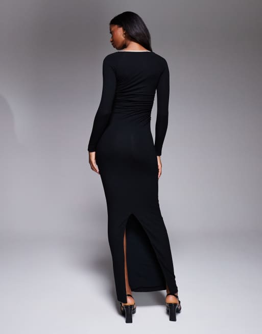 Oh Polly Ginette modal contrast trim maxi dress in black, 3 of 4
