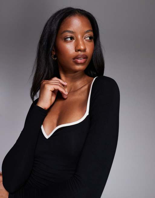 Oh Polly Ginette modal contrast trim maxi dress in black, 4 of 4