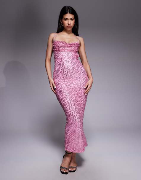 Oh Polly glitter embellished cowl neck cut out back maxi dress in pink - view 1