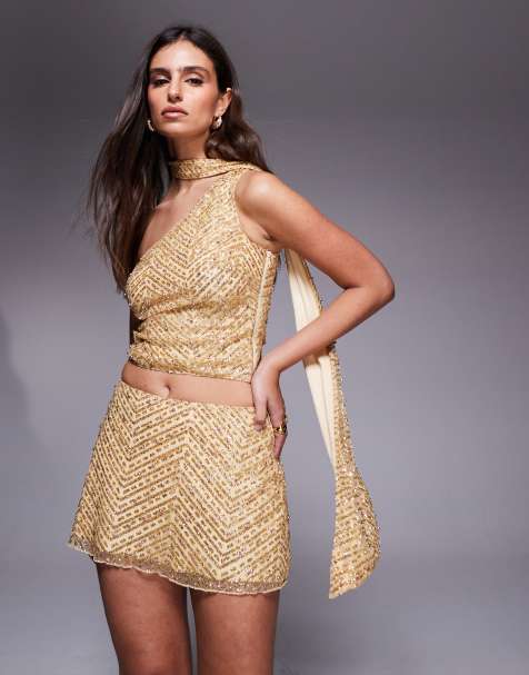 Oh Polly glitter embellished low rise a-line micro skirt in gold (Part of a set) - view 1