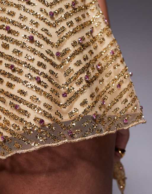 Oh Polly glitter embellished low rise aline micro skirt co-ord in gold, 3 of 5