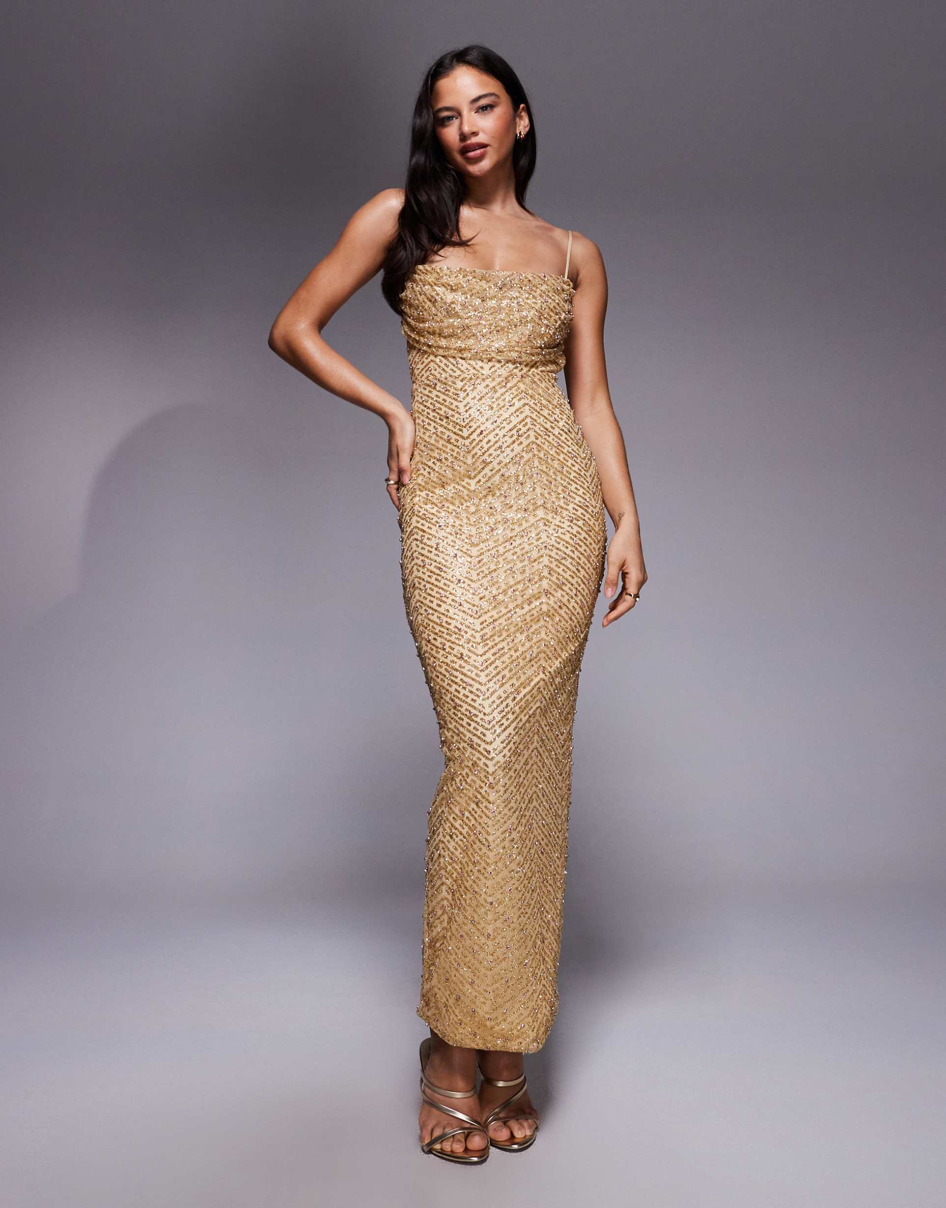 oh polly glitter embellished square neck cut out back bodycon maxi dress in gold