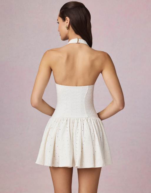 Oh Polly halter neck corset detail mini dress in white, 4 of 4