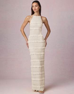 Oh Polly Halter Neck Tie Back Detail Ruffle Trimn Maxi Dress In White