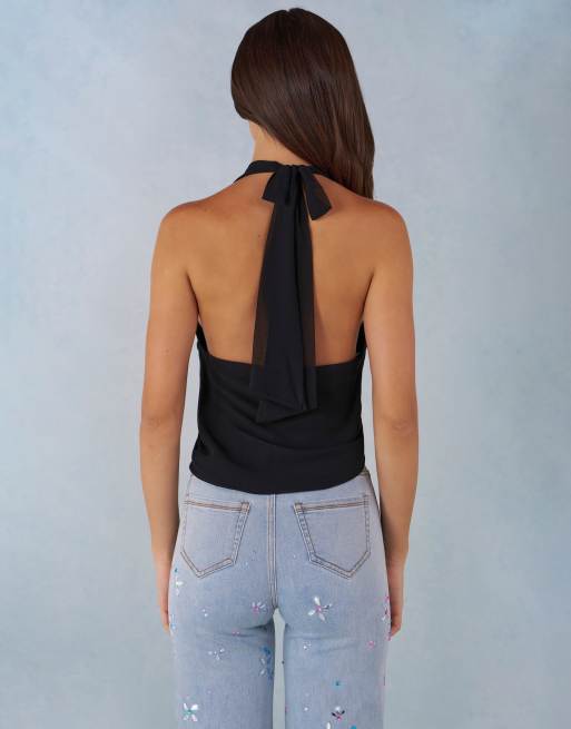 Oh Polly halter neck twisted detail chiffon top in black , 2 of 4