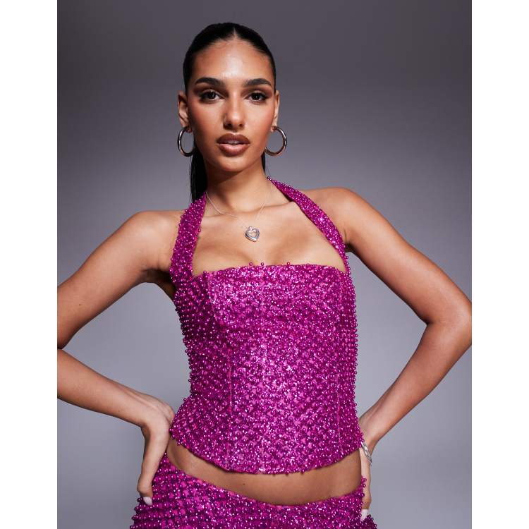 Oh Polly halterneck embellished top in magenta - part of a set | ASOS