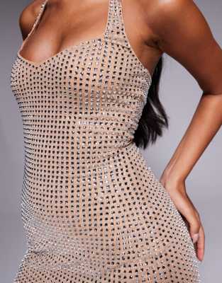 Oh Polly Halterneck Hot Fix Embellished Mini Dress In Neutral