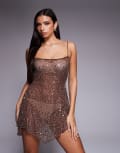 [Oh Polly] Oh Polly hanky hem hot fix embellished mini dress in brown 8 Chocolate