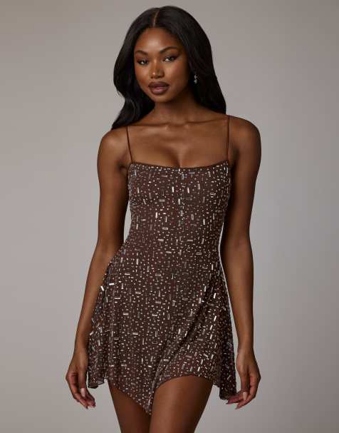 Oh Polly hanky hem hot fix embellished mini dress in brown