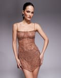 [Oh Polly] Oh Polly hanky hem hot fix embellished mini dress in caramel-Neutral 4 Caramel
