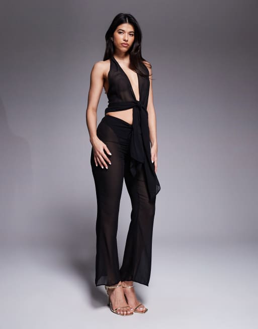 Oh Polly Harbour chiffon tie-front plunge halter neck top in black (part of a set), 2 of 4