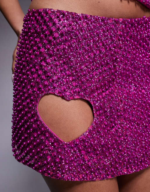 Oh Polly heart cut-out embellished mini skirt co-ord in magenta, 3 of 5
