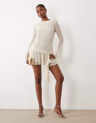 Oh Polly high neck draped backless cowl back mini dress in ivory polka dot