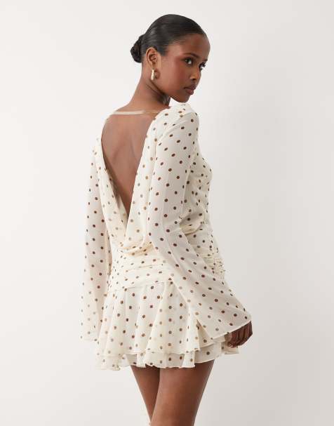 Oh Polly high neck draped backless cowl back mini dress in ivory polka dot - view 1