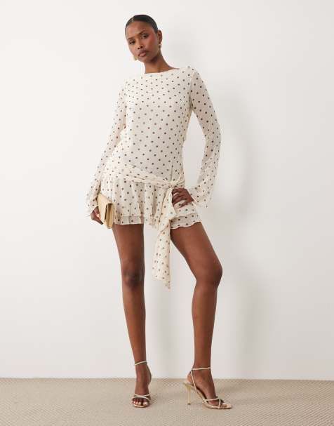 Oh Polly high neck draped backless cowl back mini dress in ivory polka dot