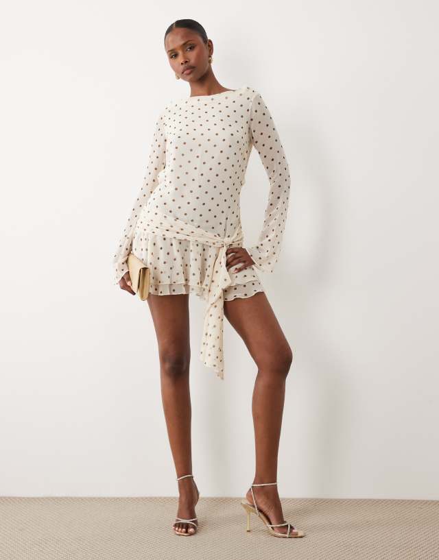 high neck backless dress mini Long-Sleeve Open-Back in Ivory Polka Dot Print - 10 Primary colour:Beige rooftop drinks Best bras for backless Material_Polyester