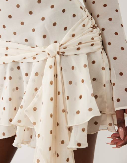 Oh Polly high neck draped backless cowl back mini dress in ivory polka dot, 4 of 4