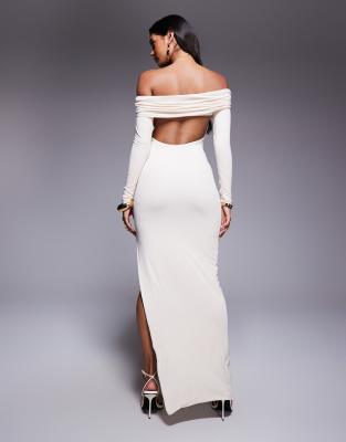 Oh Polly Honora Bardot Jersey Split Maxi Dress