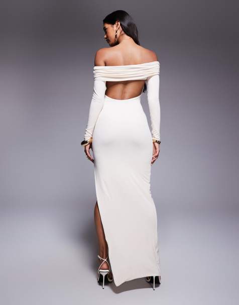 knee length dresses for ladies White Ribbed Ruffle Long Sleeve Bardot Dress