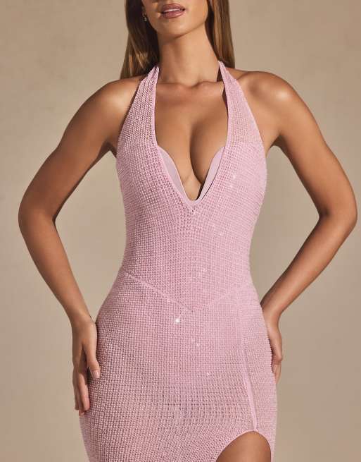 Oh Polly Ianthe embellished halterneck gown in lavender pink