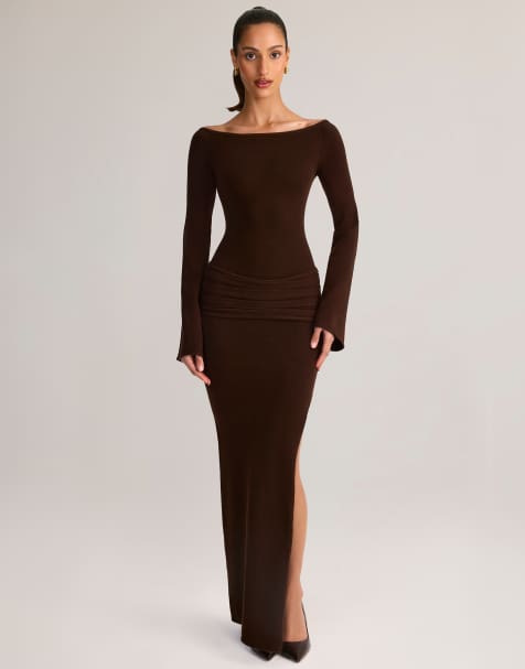 Oh Polly - Isay - Robe longue en maille à manches longues et encolure bateau - Chocolat - view 1