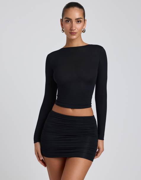 Oh Polly jersey boat neck fitted long sleeve top co-ord in black - view 1