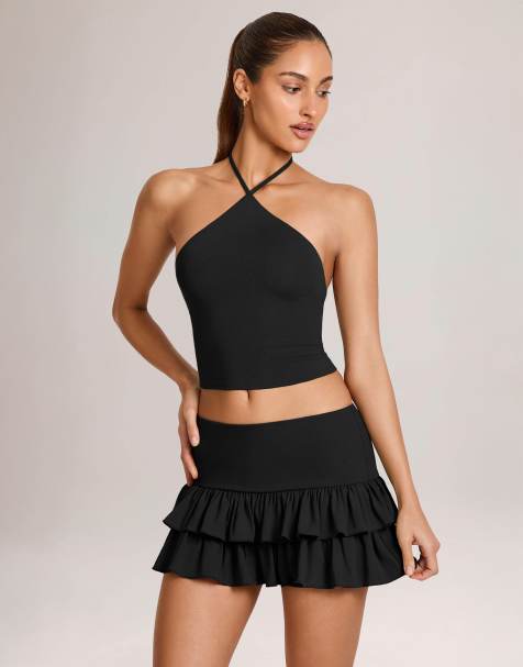 Oh Polly jersey ruffle mini skirt in black