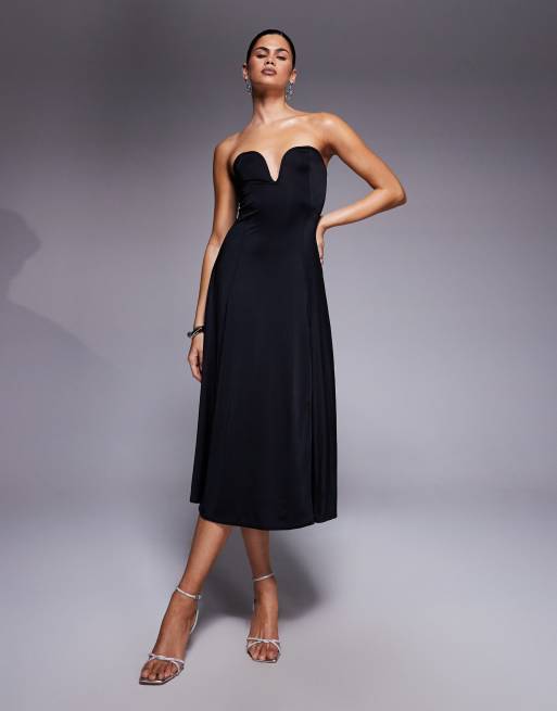 Oh Polly Joely bandeau plunge neck thigh split midi dress in black, 2 of 4