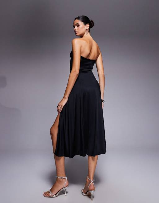 Oh Polly Joely bandeau plunge neck thigh split midi dress in black, 3 of 4