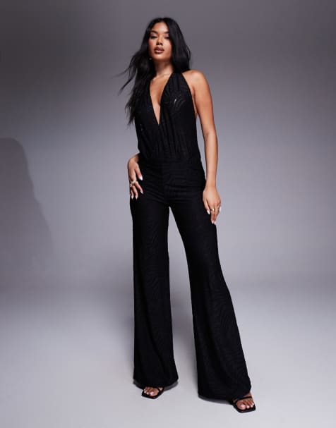 Oh Polly - Jumpsuit met halter en verlaagde achterkant in zwart - view 1