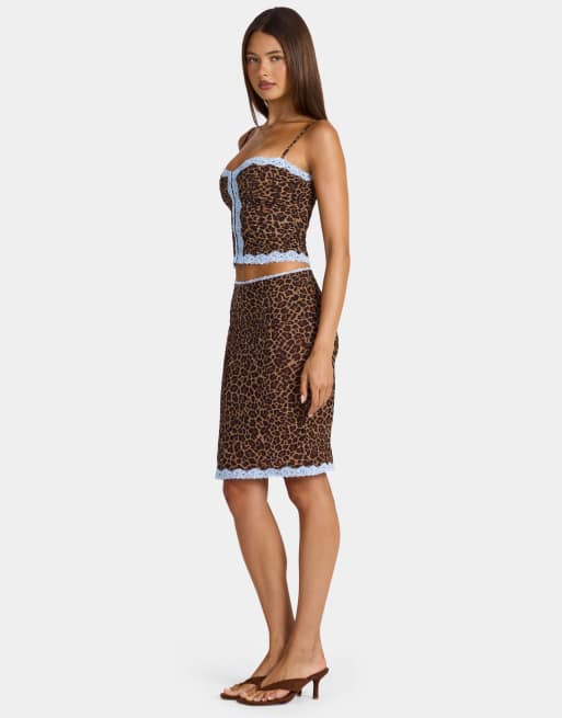 Oh Polly jupe midi coordonnée taille mi-haute avec bordure en dentelle imprimé léopard, 3 de 4