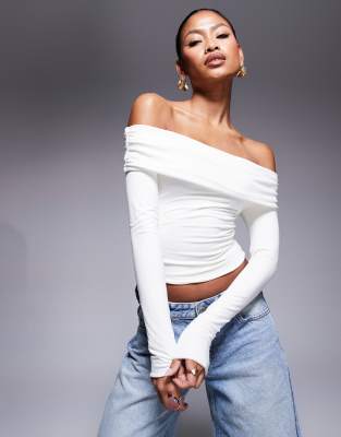 Oh Polly Kesia Modal Off The Shoulder Long Sleeve Top In White
