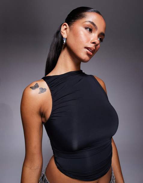 Oh Polly Kirbie asymmetric ruched tank top in black - view 1