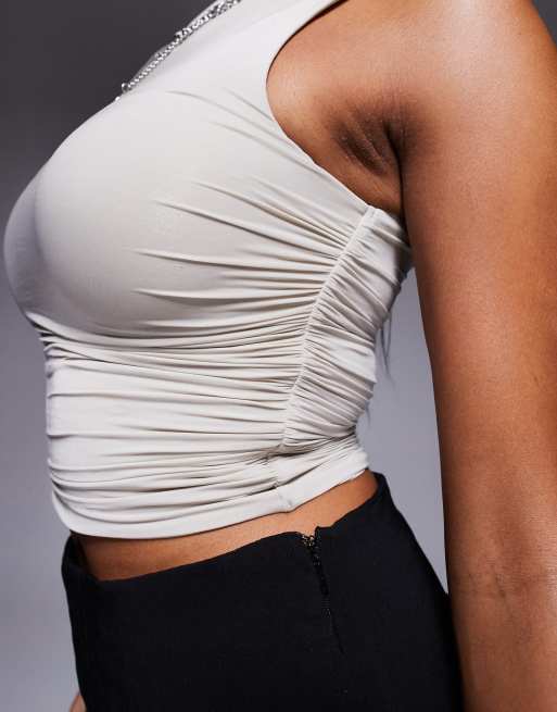 Oh Polly Kirbie asymmetric ruched tank top in taupe, 3 of 4