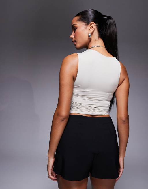 Oh Polly Kirbie asymmetric ruched tank top in taupe, 4 of 4