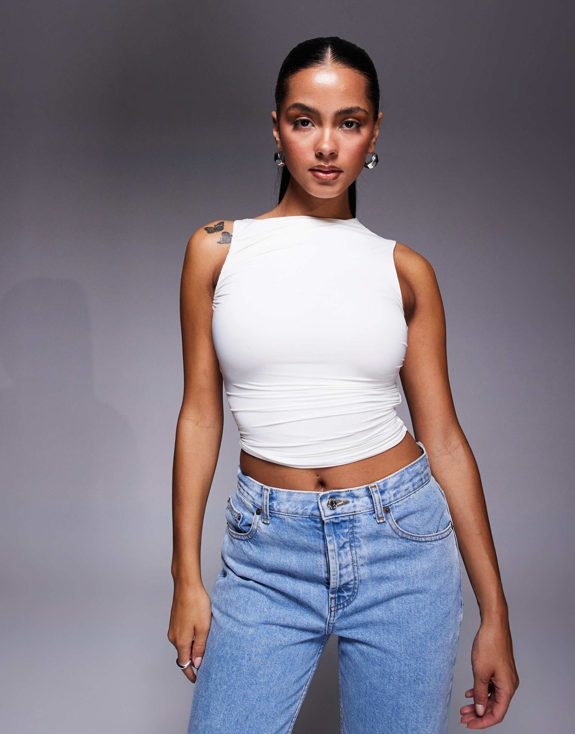 oh polly kirbie asymmetric ruched tank top in vanilla